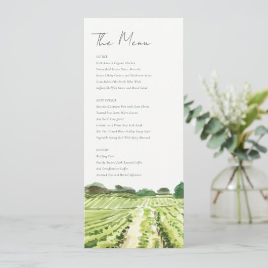 Watercolor Groen Wijnmakerij Wijngaard Trouw Menu  Kaart (Staand voorkant)