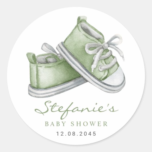 Watercolor groene babyschoentjes baby shower ronde sticker (Voorkant)