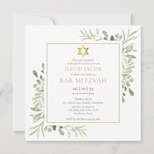 Watercolor Groene Bar Mitzvah Bat Mitzvah Kaart (Voorkant)