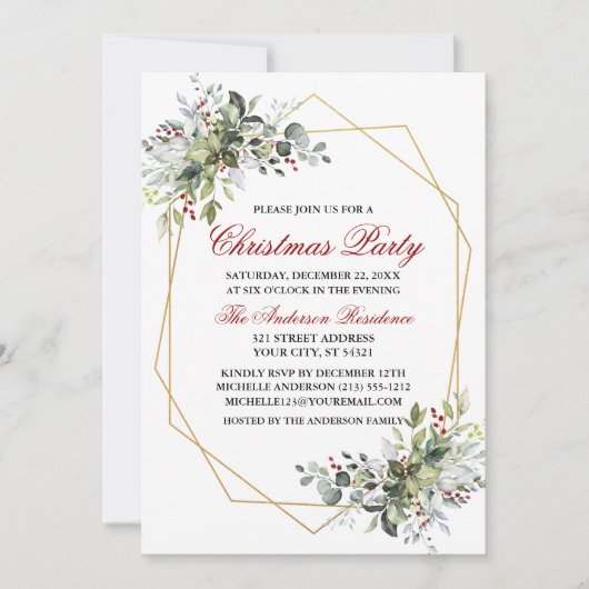 Watercolor Groene Bessen Kerstfeest Rood Kaart (Voorkant)