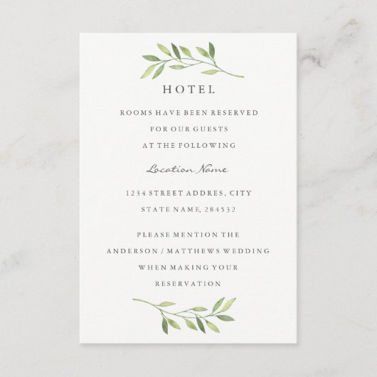 Watercolor Groene Blad Hotel Trouwaccommodatie Informatiekaartje (Voorkant)