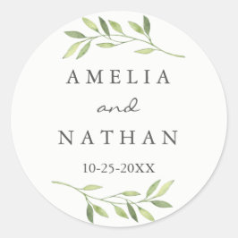 Watercolor groene blad huwelijkssticker ronde sticker
