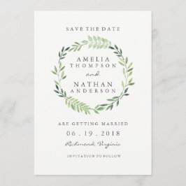 Watercolor groene blad krans trouw save the date