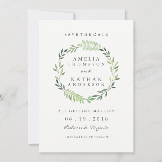 Watercolor groene blad krans trouw save the date (Voorkant)