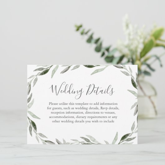 Watercolor Groene Blad Krans Trouwdetails Informatiekaartje (Staand voorkant)