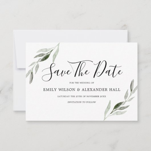 Watercolor Groene Blad Moderne Trouwdag Save The Date (Voorkant)