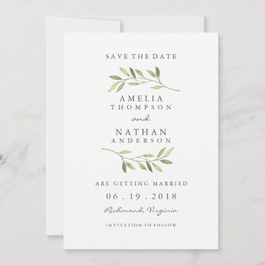 Watercolor groene blad trouw save the date (Voorkant)