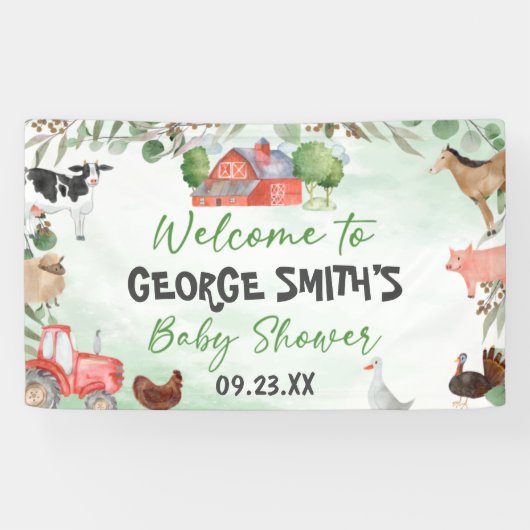 Watercolor Groene Bladeren Boerderij Dier Baby Sho Spandoek (Horizontaal)