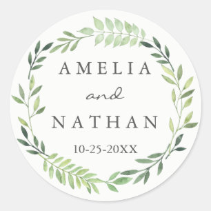 Watercolor groene bladkrans trouwsticker ronde sticker
