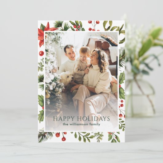 Watercolor Groene Bloemen Familie Foto Kerstmis Feestdagenkaart (Staand voorkant)