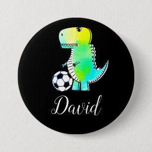 Watercolor groene dinosaurus met bewerkbare naam ronde button 7,6 cm