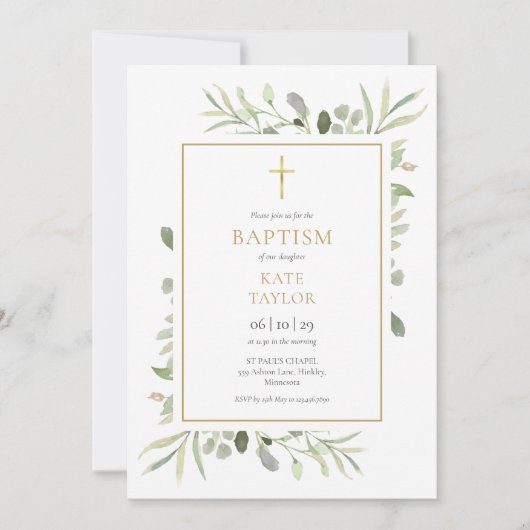 Watercolor Groene Doop Christening QR Code Kaart (Voorkant)