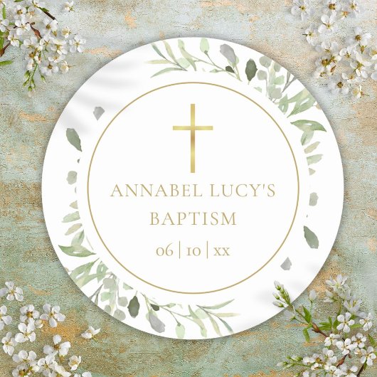 Watercolor Groene Doop Christening Ronde Sticker