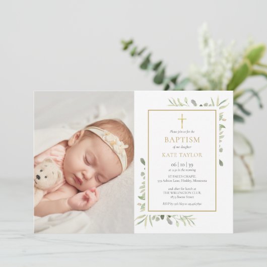 Watercolor Groene Doop Foto Kaart (Staand voorkant)