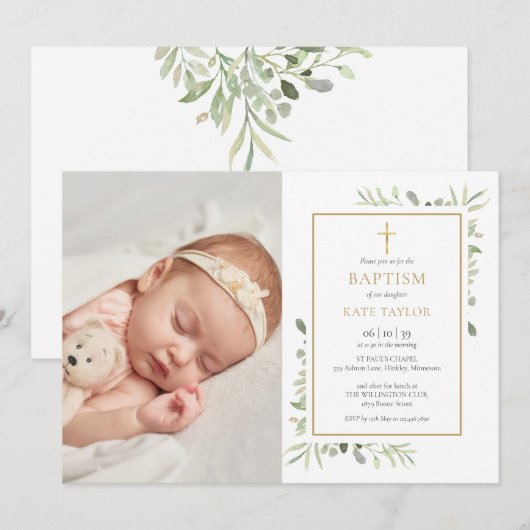 Watercolor Groene Doop Foto Kaart (Voorkant / Achterkant)