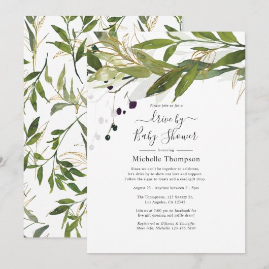 Watercolor Groene Drive By Bruids- of Babyshower Kaart (Voorkant / Achterkant)