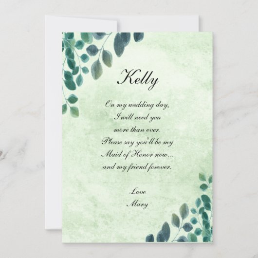 Watercolor Groene Eucalyptus Blad Bruidsmeisje Kaart (Voorkant)