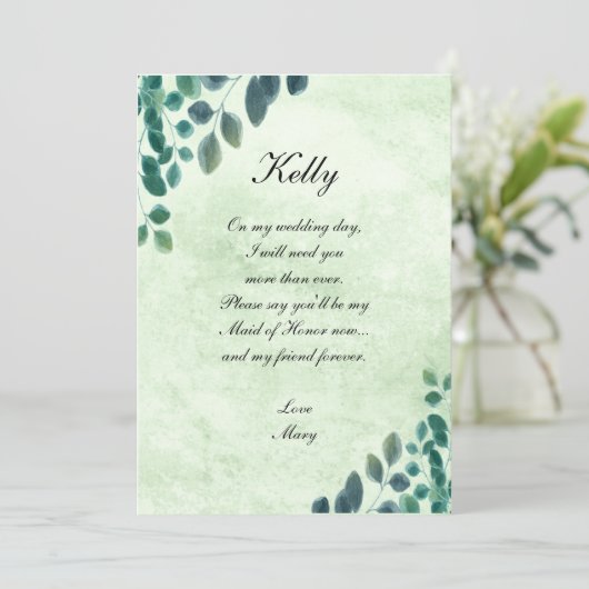 Watercolor Groene Eucalyptus Blad Bruidsmeisje Kaart (Staand voorkant)