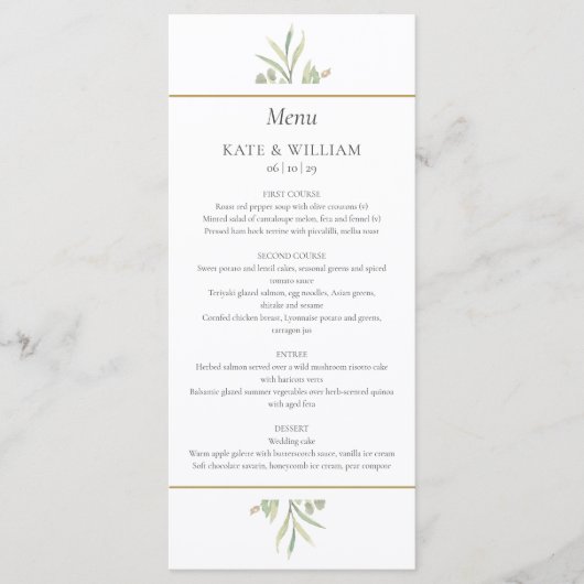 Watercolor Groene Eucalyptus Trouwdag Diner Menu (Voorkant)
