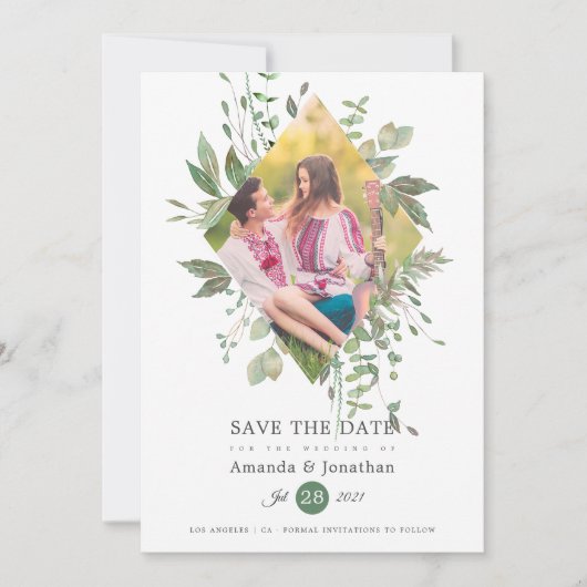 Watercolor Groene Foto Bruiloft Save The Date (Voorkant)