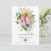 Watercolor Groene Foto Bruiloft Save The Date (Staand voorkant)
