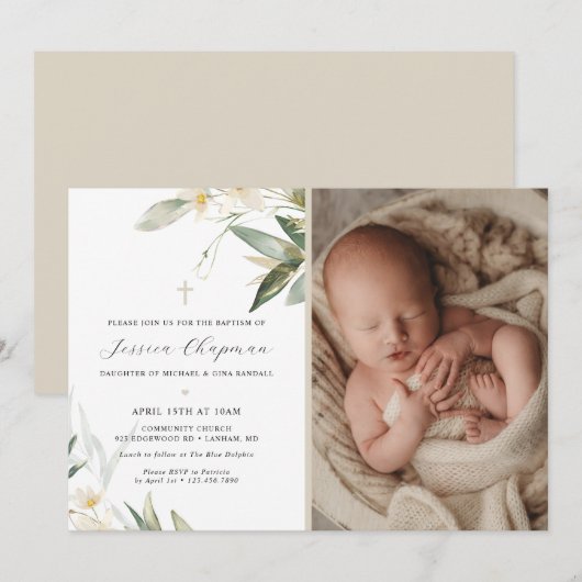 Watercolor Groene Foto Doopfeest Kaart (Voorkant / Achterkant)