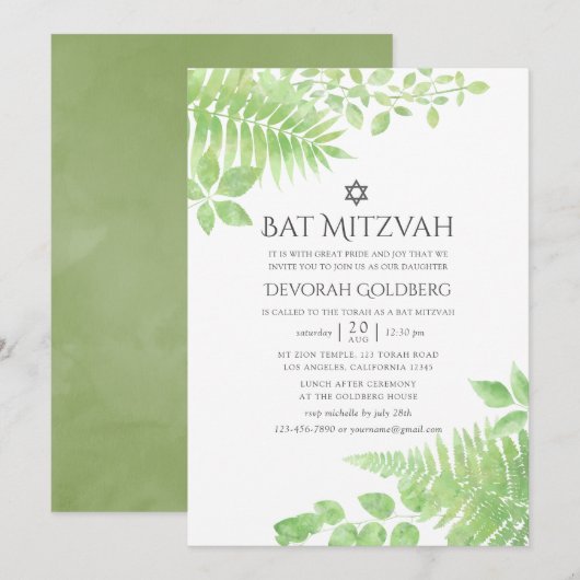 Watercolor Groene Gebladerte Bat Mitzvah Kaart (Voorkant / Achterkant)
