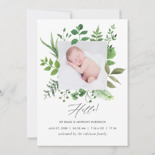 Watercolor Groene Geboorteaankondiging Fotokaart Aankondiging