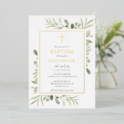 Watercolor Groene Kerkdopeling Christening Goud Folie Uitnodiging (Staand Voorkant)