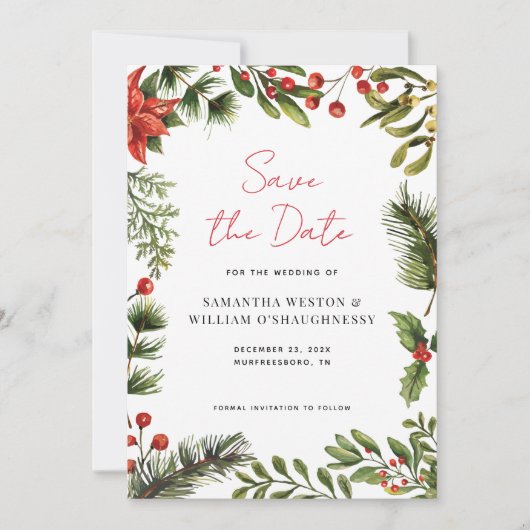 Watercolor Groene Kerst Huwelijk Save The Date (Voorkant)