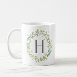 Watercolor Groene Krans en Monogram Koffiemok