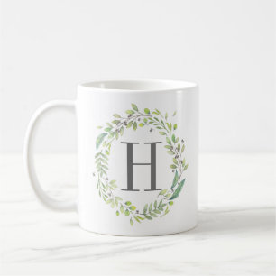 Watercolor groene krans en monogram koffiemok