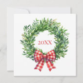 Watercolor groene krans met rode geruite strik notitiekaartje (Voorkant)