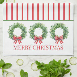 Watercolor groene krans met rode geruite strik theedoek