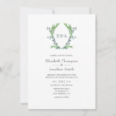 Watercolor Groene Laurel Crest Monogram Bruiloft Kaart (Voorkant)