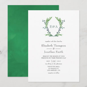 Watercolor Groene Laurel Crest Monogram Bruiloft Kaart