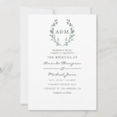 Watercolor Groene Laurel Crest Monogram Bruiloft Kaart (Voorkant)