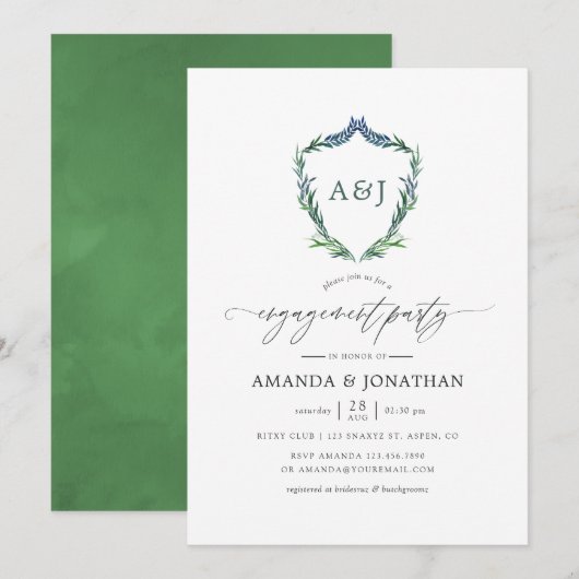 Watercolor Groene Laurel Crest Verloving Feest Kaart (Voorkant / Achterkant)