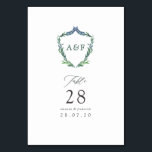 Watercolor Groene Lauwerkrans Monogram Bruiloft Kaart<br><div class="desc">Bladerrijke kam met monogram getypte bruiloftstafel nummertjes met elegante handgeschreven typografie die kan worden aangepast met de initialen van het paar.</div>