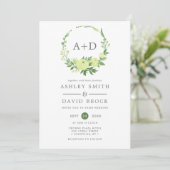 Watercolor Groene Monogram Eikenkrans Bruiloft Kaart (Staand voorkant)