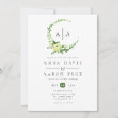 Watercolor Groene Monogram Eikenkrans Bruiloft Kaart (Voorkant)