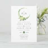 Watercolor Groene Monogram Eikenkrans Bruiloft Kaart (Staand voorkant)