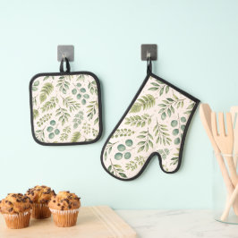 Watercolor Groene Patroon | Botanische Bladeren Ovenwant & Pannenlap Set