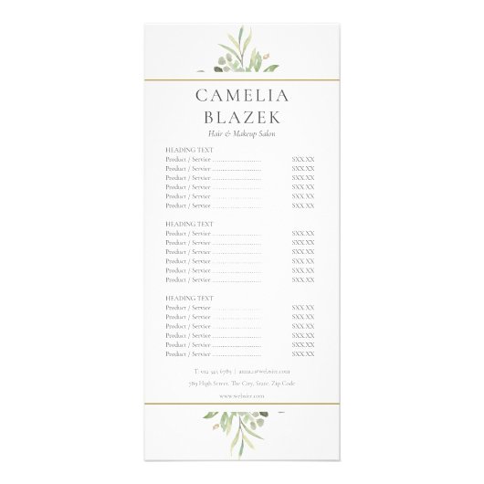 Watercolor Groene Salon Service Menu (Voorkant)