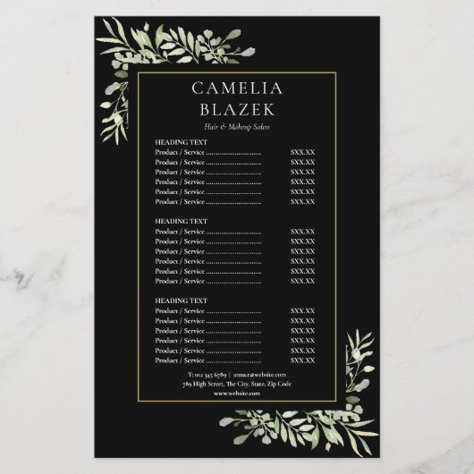 Watercolor Groene Salon Zwart Goud Service Menu (Voorkant)