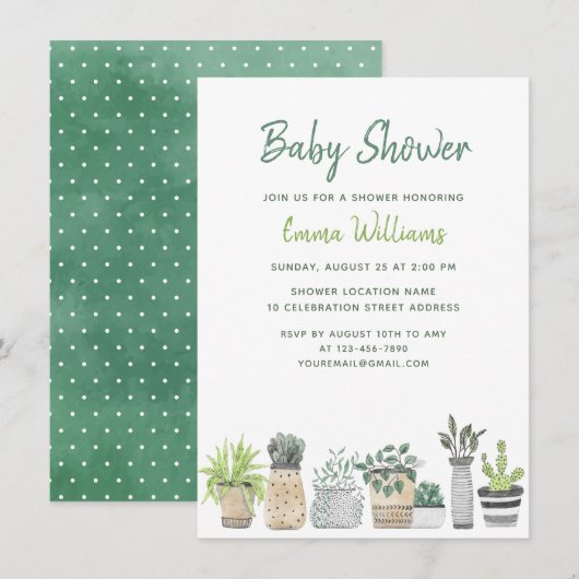 Watercolor Groene Tuin Planten Bloemige Baby Showe Kaart (Voorkant / Achterkant)