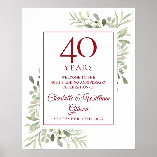Watercolor Groenery 40e verjaardag welkom Poster (Voorkant)