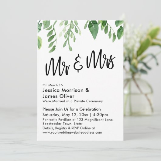 Watercolor Groenery Bruiloftsfeest Mr & Mrs Kaart (Staand voorkant)