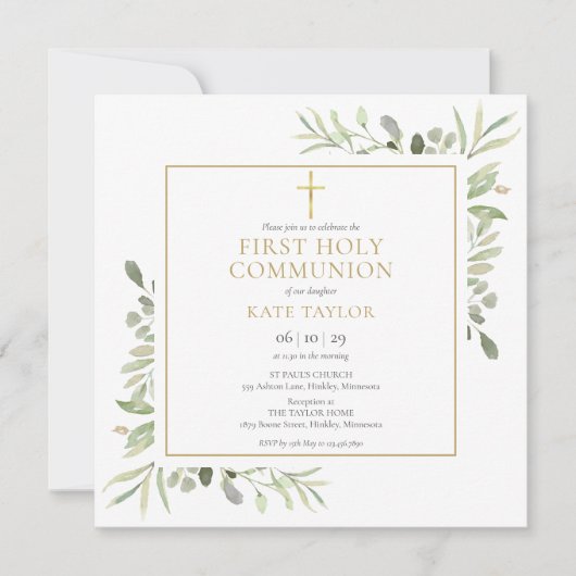 Watercolor Groenery Eerste Heilige Communie Vierka Kaart (Voorkant)