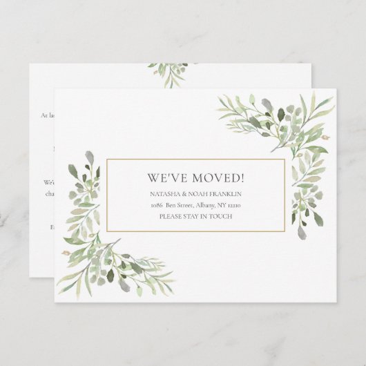 Watercolor Groenery Goud Verhuisd Aankondigingskaart (Voorkant / Achterkant)